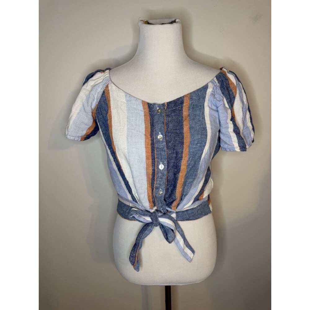 Striped Linen Blend Button Tie Front Top Puff Sleeve Boho Concert Small